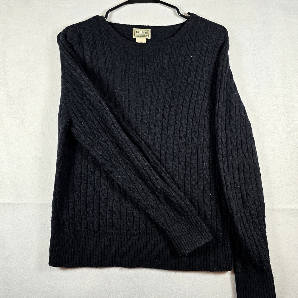 LL Bean Sweater Womens Small Regular Black Cable‎ Knit Wool Nylon Pullover Heavy